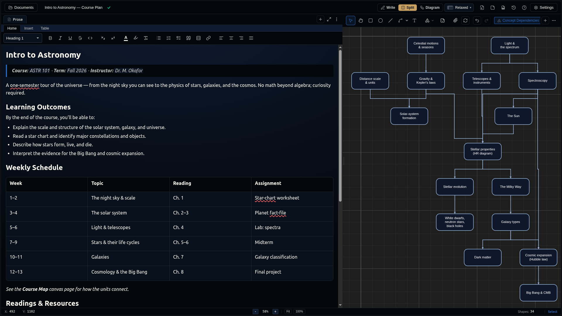 The course plan in Split view — the weekly schedule on the left, the concept-dependency map on the right.