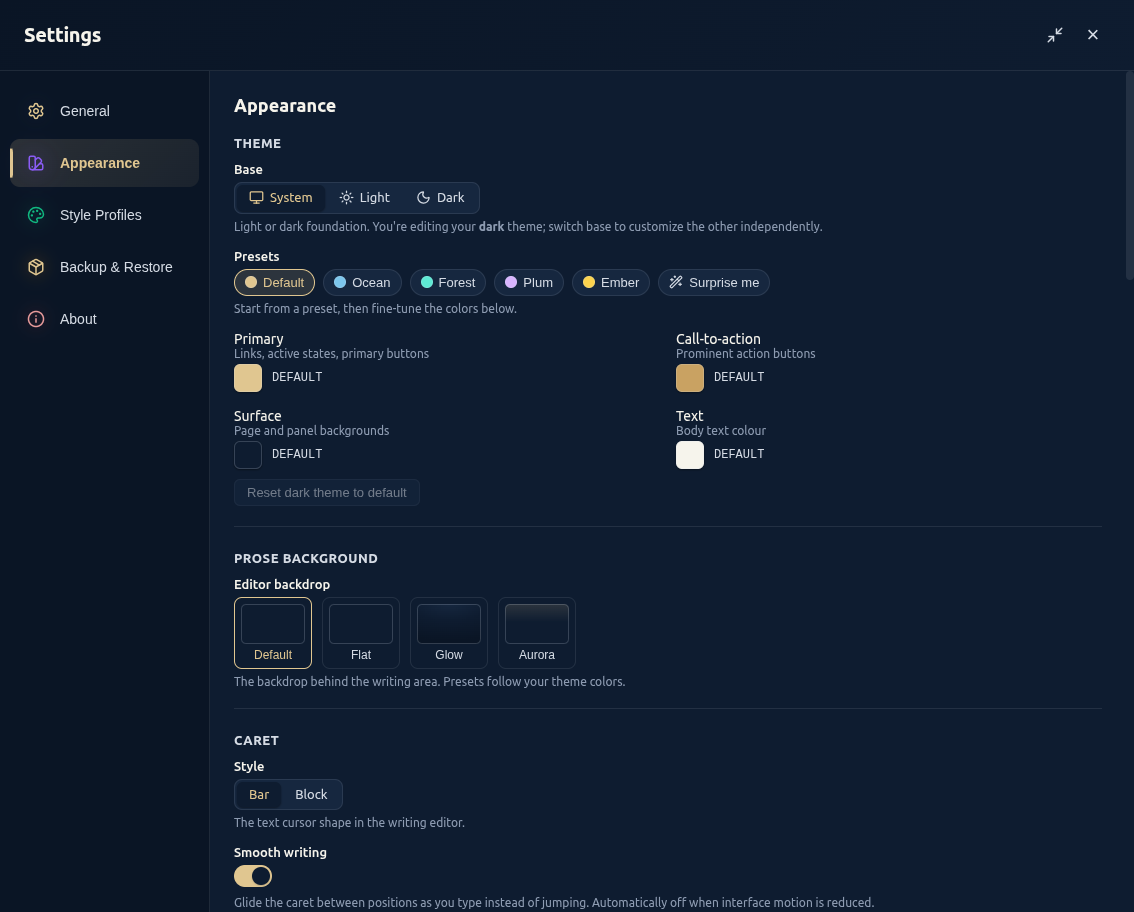 Settings → Appearance: the theme builder with Base (System / Light / Dark), colour presets including "Surprise me", and the Primary, CTA, Surface, and Text colour fields — with the prose backdrop and caret options below.